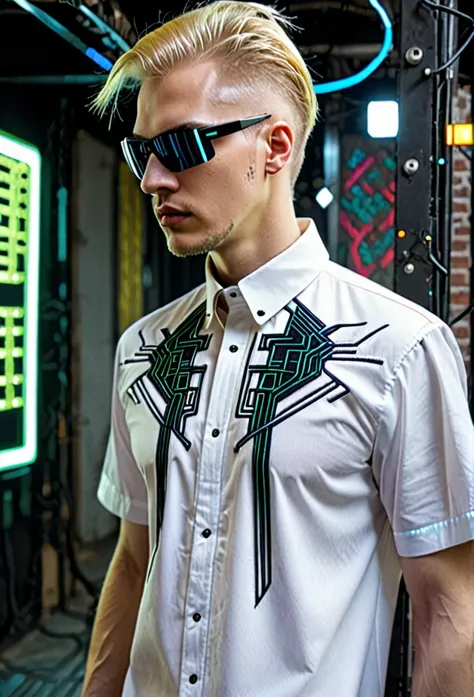 matrix cyberpunk shirt blond man futuristic embroidery on a men's shirt, cyberpunk cyberpunk patterns are embroidered near the n...