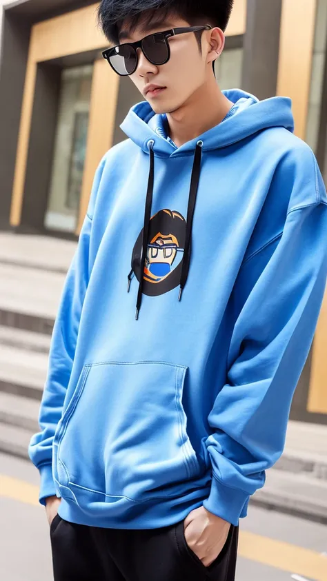 (masterpiece:1.21),(bestquality:1.21) 21 year old Beijing boy, he is ((oversized xxl blue plain hoodie)), wearing black Trousers, wearing sneakers, wearing glasses, fully body, (he is 한국 머리카락입니다) Korean style, walking, buzz Hairstyle,foot