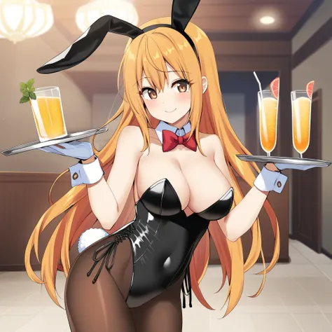 Princess connect !,((pecorine)),1girl, pantyhose, animal ears, solo, playboy bunny, rabbit ears, gloves, breasts, tray, detached collar, leotard, tail, smile, white gloves, rabbit tail, black leotard, cleavage, drinking glass, strapless leotard, strapless,...