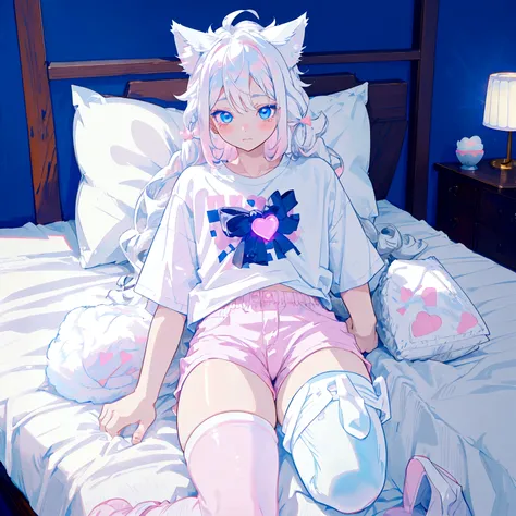 a cute adult male with wolf ears long white hair and a fluffy wolf tail, wearing pink micro shorts and a tight t-shirt with a he...