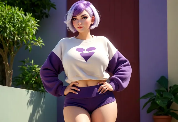 1woman, RENIN , short purple and white hair , (big boobies), Embarrassed face , sweatshirt , curvy girl, Legs long , hands on hips , barefoot