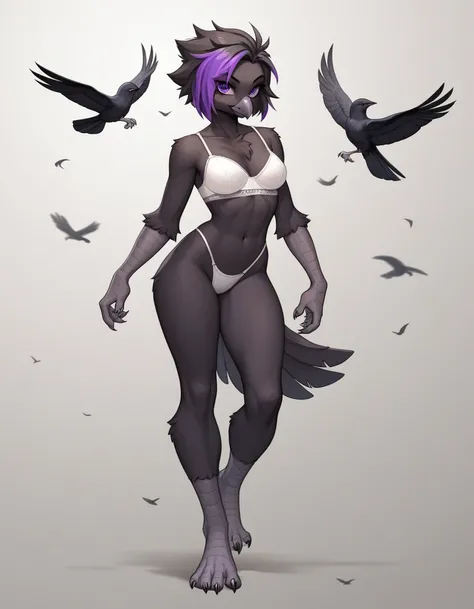 Score_9, score_8_up, score_7_up, flat colors,  an Anthro avian crow girl, female, small grey beak, tall, small crow tail, black body, standing, white background, purple eyes, short black emo hair, purple highlights in hair, hands with five fingers, wearing...