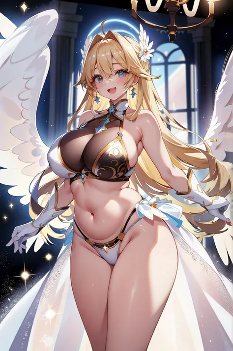 最high quality, high quality, 8K、High resolution,Highest quality、solo、Arafe woman wearing a white bikini, belly button、Plump、Overflowing motherhood、Thighs、Background of a room with a chandelier、Are standing、Open Mouth Smile、Blonde、high qualityな青い瞳、白いビキニを着てい...