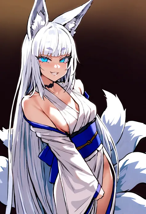 masterpiece, best quality,  kitsune 1girl, solo, beautiful kitsune woman, fox ears, bangs, white hair, very long hair, blue eyes, grin, small breasts, black choker, shoulderless kimono, white kimono, long kimono, long kimono sleeves, blue sash, 5 white fox...