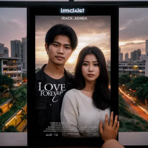 A handsome Indonesian man and a woman they think are sitting together. Bright beach background, it says IRAQ ADINDA, and other writings. Irack love forever