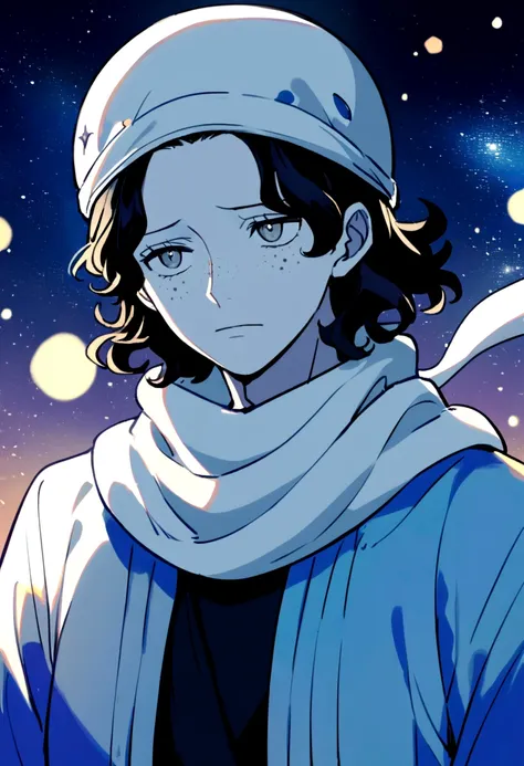 1 chico , cheered up , from onepiece , looking melancholy at the sky , looking at the stars , short wavy black hair , white skin with slight freckles , neutral eyes without shine royal blue color , black shirt , white scarf , gray open sweater , White cap