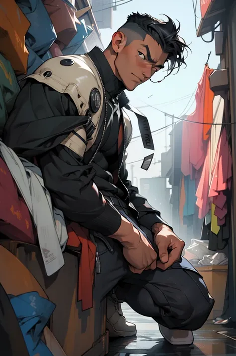 Highest image quality，male people，1 boy，Young and handsome，shoun，Short flat top hair，Dark  skin，anime，anime wallpaper，Solo，malefocus，Briefs，Dilation of the pectoral muscles，Bulging crotch，Urban background，spread their legs，Sexy,(Masterpiece, Best quality),...