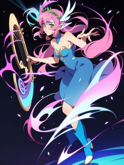 An elf, holding a lyre, green eyes, woman, Pink hair with blue streaks, prismatic lighting,  whole body, flowing hair, flower crown, full body, wearing boots and dress.
