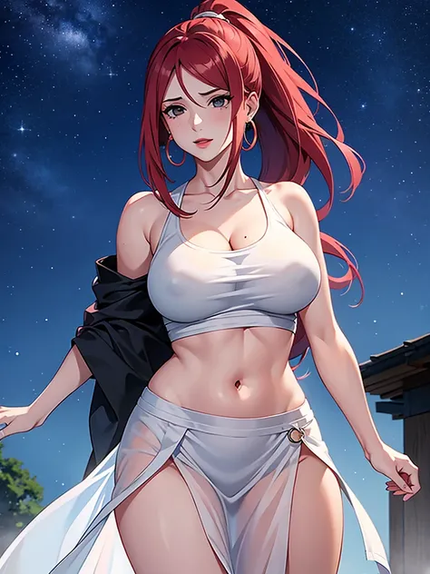 Uzumaki_kushina,huge breasts, beautiful face:1.3,butt hole,navel, cleavage ,bellybutton,off the shoulder:1.8,body facing front,full body shot,standing straight, white short transparent one sided skirt, white transparent tshirt ,loose dress, mole on chest,r...