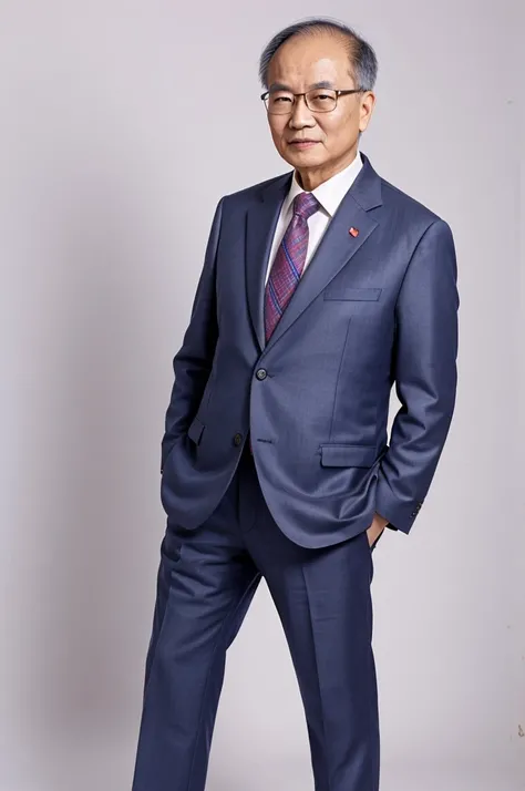 protrait photo，Chinese，70-year-old scholar，male，wear glasses，wear a suit，no tie，full-body shot，Pure white background
