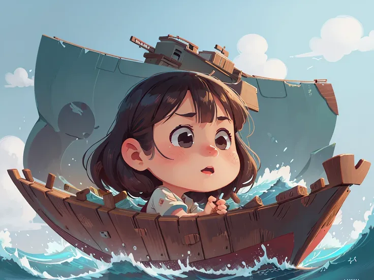 卡通Boat，Surrounded by beautiful sea,This illustration is a 4K high-definition illustration，The facial features are rich in detail，Cartoon Style，卡通Boat，Boat，The details are clear，