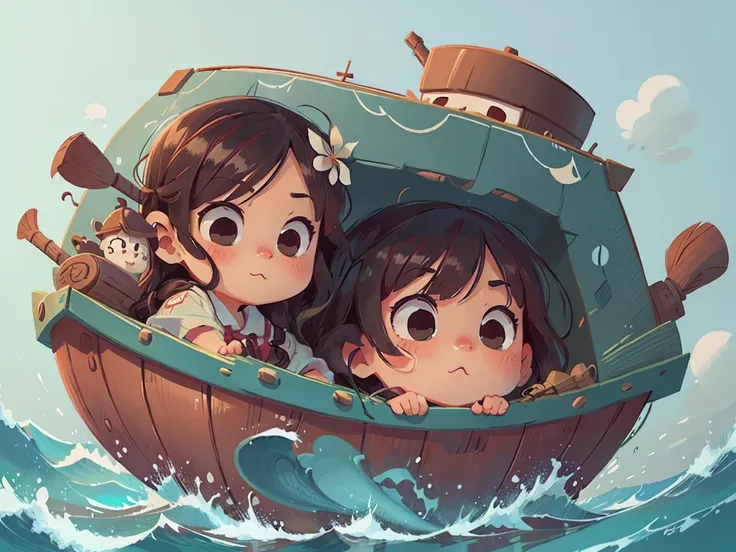 卡通Boat，Surrounded by beautiful sea,This illustration is a 4K high-definition illustration，The facial features are rich in detail，Cartoon Style，卡通Boat，Boat，The details are clear，