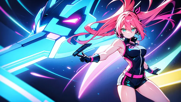 The image depicts an anime-style character, a dynamic female character striking a lively pose with vibrant pink hair accented with yellow highlights. She wears a large ribbon and a headset, sporting a dark-toned top and shorts in a contemporary style. The ...