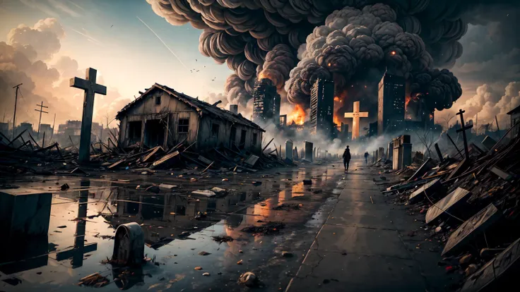 (apocalyptic desolated landscape), city destroyed in ruins, fire, war, houses burning,  panicked, extermination, grim reaper, sk...