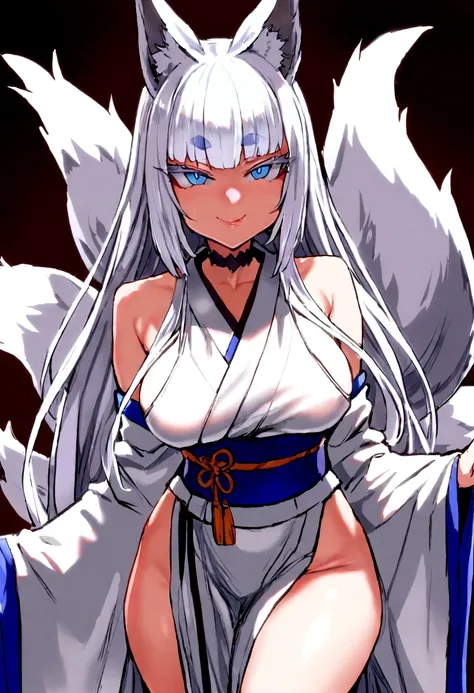 masterpiece, best quality,  kitsune 1girl, solo, beautiful kitsune woman, fox ears, bangs, white hair, very long hair, blue eyes, smug, medium breasts, black choker, shoulderless kimono, white kimono, long kimono, long kimono sleeves, blue sash, 5 white fo...