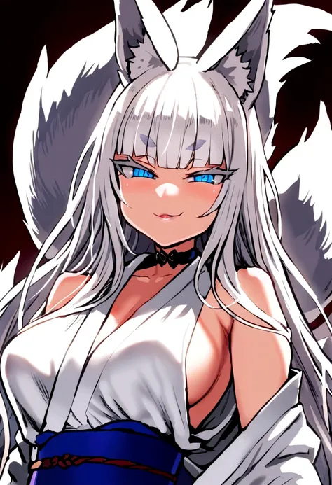 masterpiece, best quality,  kitsune 1girl, solo, beautiful kitsune woman, fox ears, bangs, white hair, very long hair, blue eyes, smug, medium breasts, black choker, shoulderless kimono, white kimono, long kimono, long kimono sleeves, blue sash, 5 white fo...