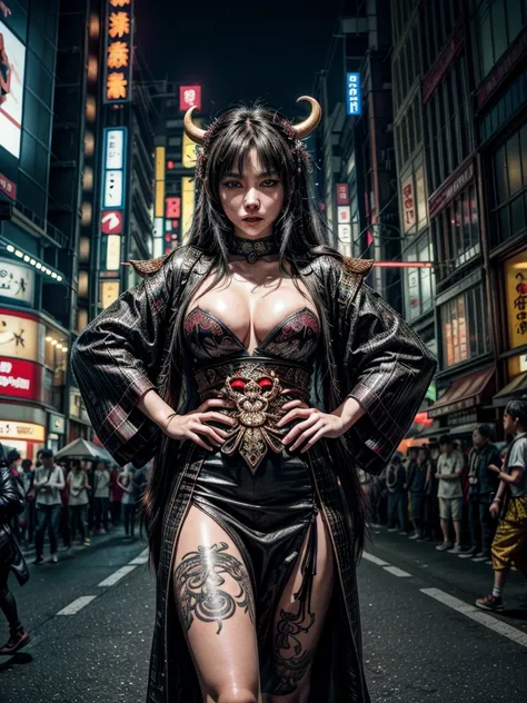 (masterpiece, cinematic photograph capturing the bustling streets of Shibuya, Japan, adorned with a procession of "oni" - traditional Japanese demons, parading through the night under the gaze of the intrigued crowd:1.3), (meticulously composed to convey t...