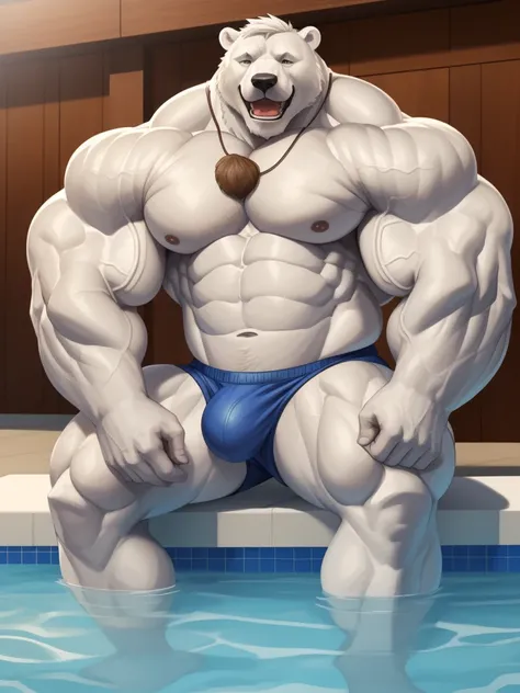 solo, 1boy, perfect anatomy, (furry white bears, polar bear) perfect proportion, snow, laugh, open mouth, big eyes, wide chest, bulky, bulk, bulge, happy. Huge Muscular Old man with short hair sitting in swimming pool ,(white shorts), view from side, pecto...