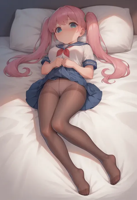 black pantyhose,loli,sailor,skirt,cute,lying,,pink hair,twintails,,shy,medium breasts,panties under pantyhose