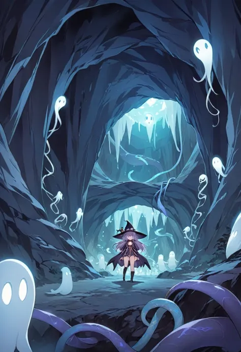 A girl in a cave is a powerful witch surrounded by ghost snakes