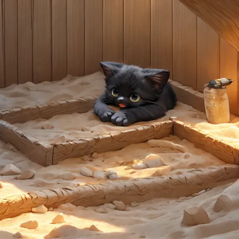 Black cat kitten、Peeing in the sandbox、Put sand on the area where they pee