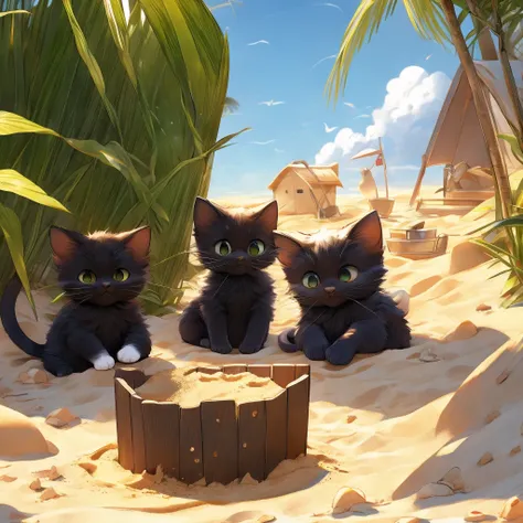 Black cat kitten、Peeing in the sandbox、Put sand on the area where they pee