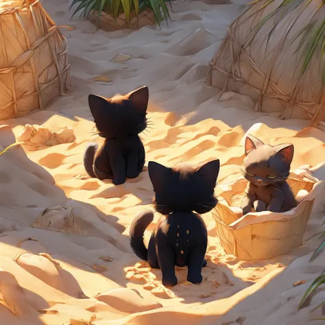 Black cat kitten、Peeing in the sandbox、Put sand on the area where they pee