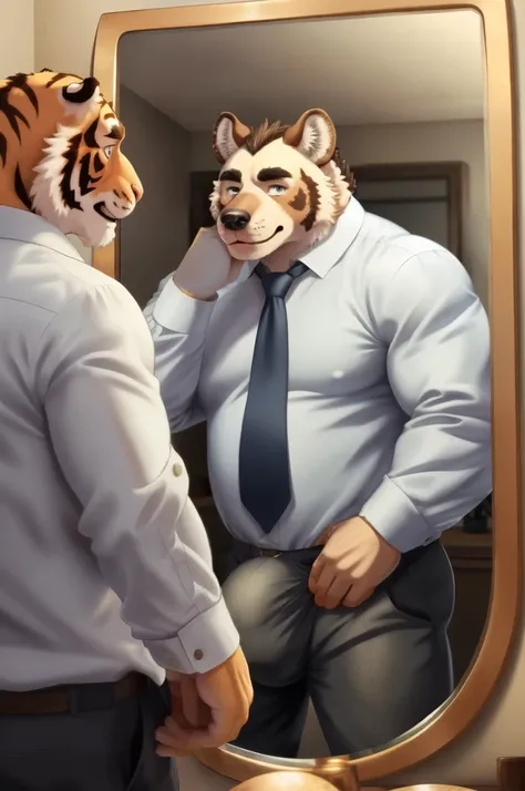 Author: bontiage, (1 boy), One, hyena, big bulge crotch, boner, pants, long sleeve plain shirt, necktie, Mens Second, kemono, hot body, muscle, Beautiful, sexual, Attractive guy, (Detailed black eyes), brows, (masterpiece, A high resolution, Best quality),...