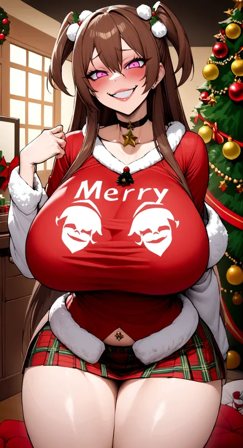 big lips, Brown hair, pink eyes, japanese face, improve, improve grin, two sides up, huge breasts, Wide hips, sexy, detailed, christmas room, Hits, (evil smile1.4), kawaii, mini Falda de Christmas, Christmas, GOOD, red and white suit, plaid skirt, christma...