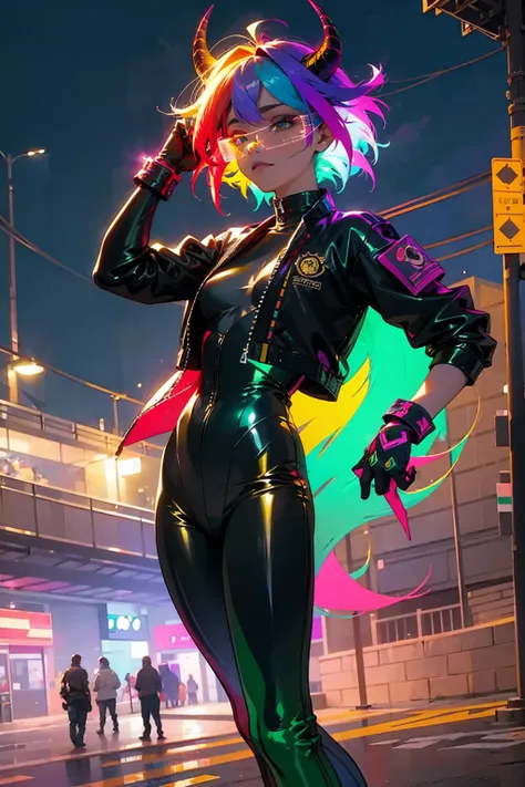 Rainbow Messy Hair ,Multicolored Hair, Golden Eyes, Bull Horns , Undercut Hair , Tan Skin , Combat Gloves , Dark Green Slacks , Modern City Background , Standing on sidewalk , Hair over eyes , Holographic Glasses , Black Bodysuit , Baggy Blue Pants , Baggy...