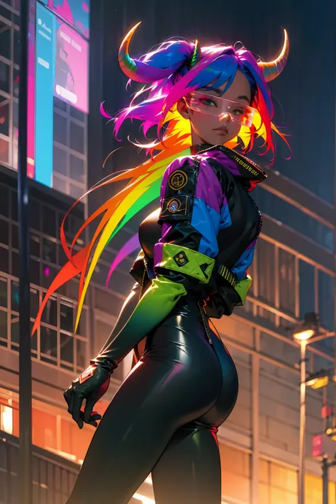 Rainbow Messy Hair ,Multicolored Hair, Golden Eyes, Bull Horns , Undercut Hair , Tan Skin , Combat Gloves , Dark Green Slacks , Modern City Background , Standing on sidewalk , Hair over eyes , Holographic Glasses , Black Bodysuit , Baggy Blue Pants , Baggy...