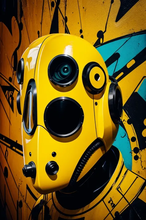 Alien yellow robot abstract graffiti artist with diving mask