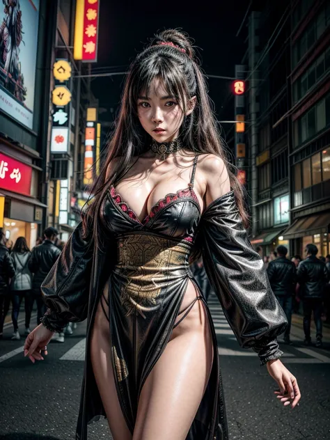 (masterpiece, cinematic photograph capturing the bustling streets of Shibuya, Japan, adorned with a procession of "oni" - traditional Japanese demons, parading through the night under the gaze of the intrigued crowd:1.3), (meticulously composed to convey t...