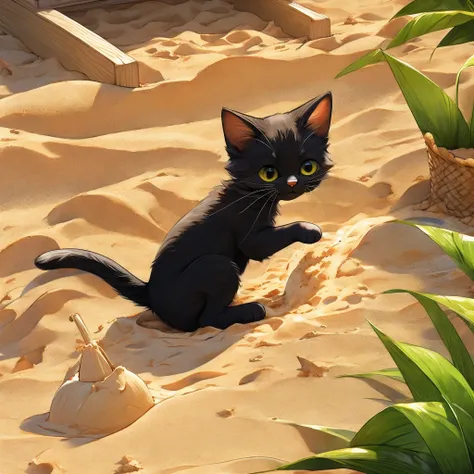 Black cat kitten、Pour sand over the area where someone pees in the sandbox