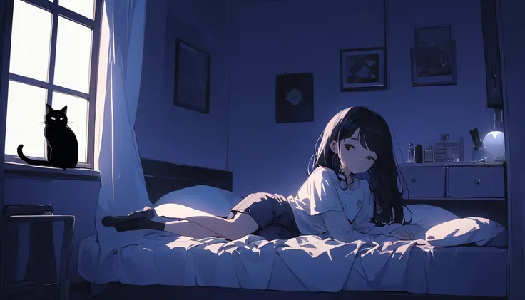 night、for sleeping、Highest quality、Inside the room、Sleeping girl、ephemeral、There is always a black cat somewhere in the room looking outside、Lofi Music、Fantasy、to become sad、relax、Healing、The room is dark、Outside view from the window、The background is a la...