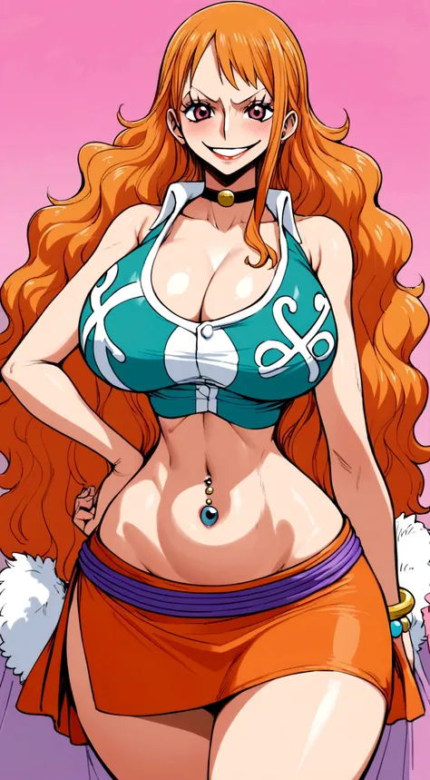 big lips, Nami&#39;s fur (One Piece), pink eyes, japanese face, improve, improve grin, two sides up, huge breasts, Wide hips, sexy, detailed, pink room, Hits, (evil smile1.4), kawaii, nami skirt (One Piece), One Piece, GOOD, nami costume(One Piece), nami s...