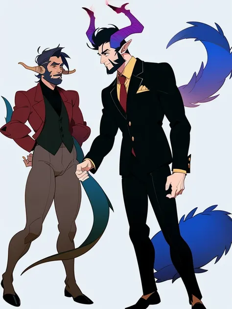 Human half dragon male, with a short beard and short dark blue hair, wearing a suit, with tail and horns
