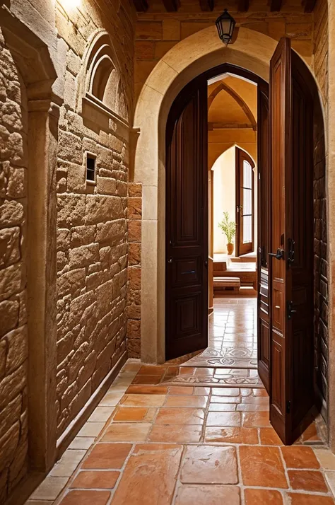 Give me the entrance of a house where the floor at the entrance of a door is a half moon with a terracotta floor and the rest of the floor is stone.