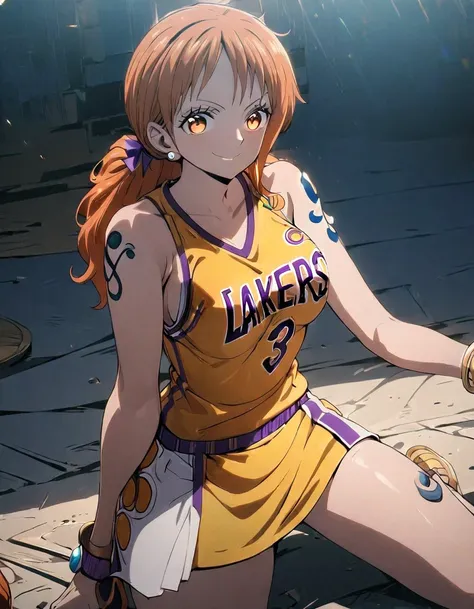 1girl, female focus, nami \(one piece\), sitting on floor, lakers jersey, yellow jersey, medium shot, glowing, glowing eyes, jer...