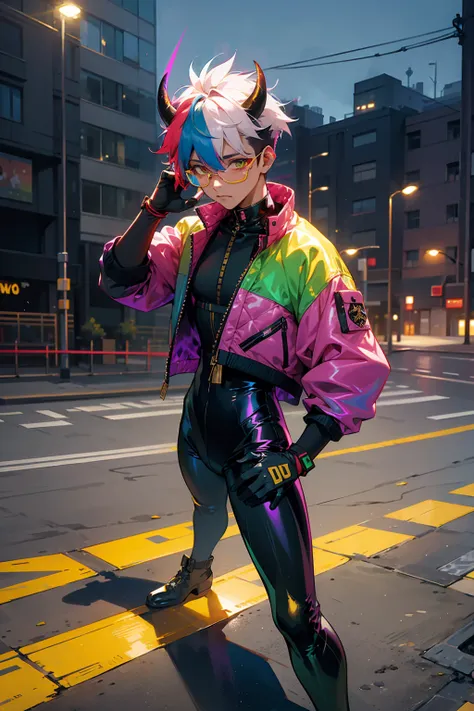 1male , Rainbow Messy Hair ,Multicolored Hair, Golden Eyes, Bull Horns , Undercut Hair , Tan Skin , Combat Gloves , Dark Green Slacks , Modern City Background , Standing on sidewalk , Hair over eyes , Holographic Glasses , Black Bodysuit , Baggy Blue Pants...