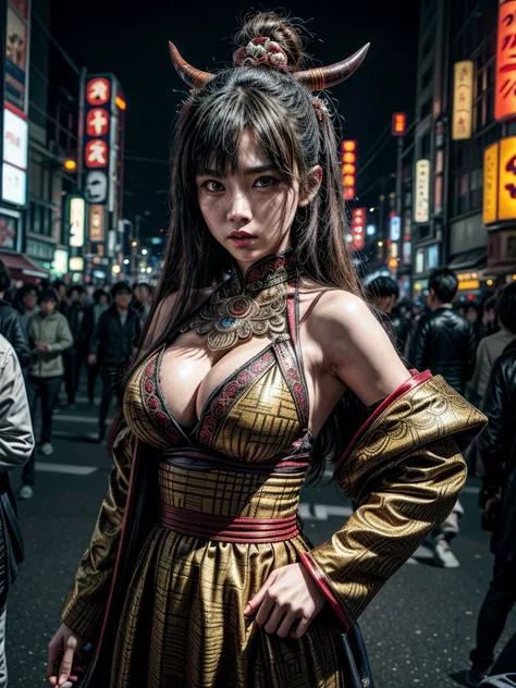 (masterpiece, cinematic photograph capturing the bustling streets of Shibuya, Japan, adorned with a procession of "oni" - traditional Japanese demons, parading through the night under the gaze of the intrigued crowd:1.3), (meticulously composed to convey t...