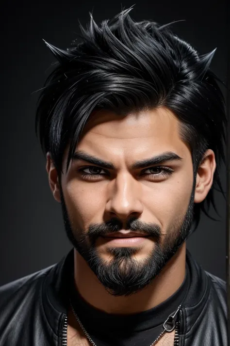 Create a vibrant and dynamic cartoon character of a young man with spiky black hair and a neatly trimmed beard. His expression should be intense and mischievous, with a confident, slightly menacing smile. The background should be dark and fiery, accentuati...