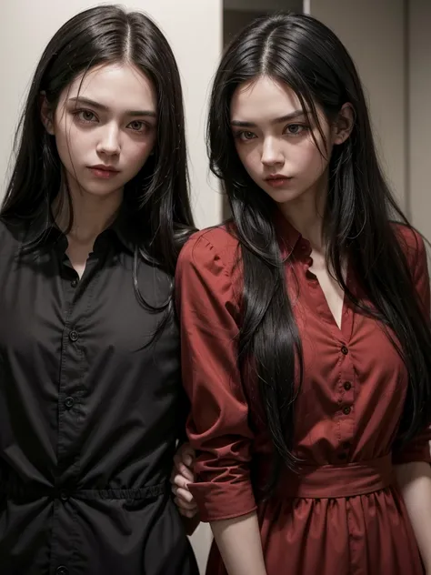 MAN and WOMAN turning their backs to each other, serious, both are of American nationality. HE has black hair and green eyes and a thin button-down shirt, and she is wearing a red DRESS and black hair and has a gun behind her. THEY are both turning their b...