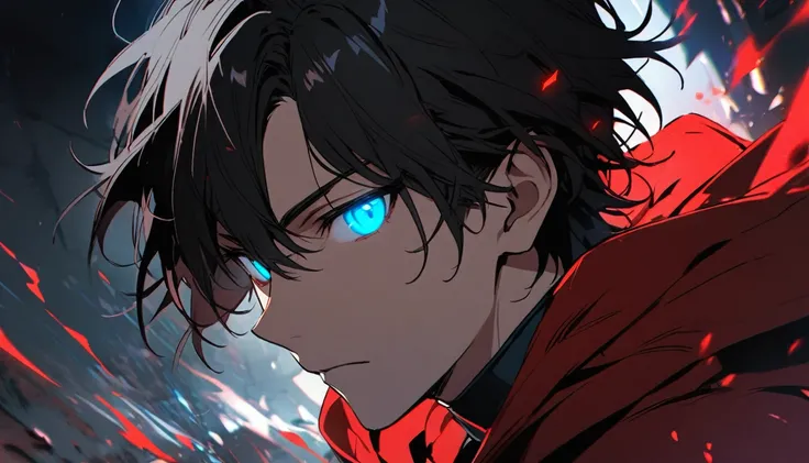 Male, solo, handsome, black hair, blue eyes, glowing eyes, red cloak, young, half body