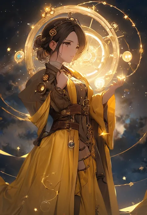  thinking , yellow steampunk robe , masterpiece , cloudly night full stars , steampunk robe , 1girl , soft light , magic rune mark , magic cirlce