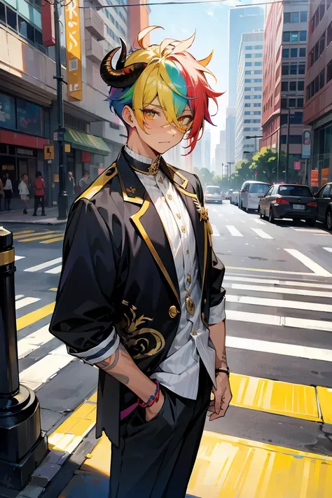 1male Rainbow Messy Hair ,Multicolored Hair, Golden Eyes, Bull Horns , Undercut Hair , Tan Skin , , Modern City Background , Standing on sidewalk , Hair over eyes