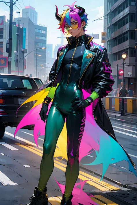 1male , Rainbow Messy Hair ,Multicolored Hair, Golden Eyes, Bull Horns , Undercut Hair , Tan Skin , Combat Gloves , Dark Green Slacks , Modern City Background , Standing on sidewalk , Hair over eyes , Holographic Glasses , Black Bodysuit , Baggy Blue Pants...