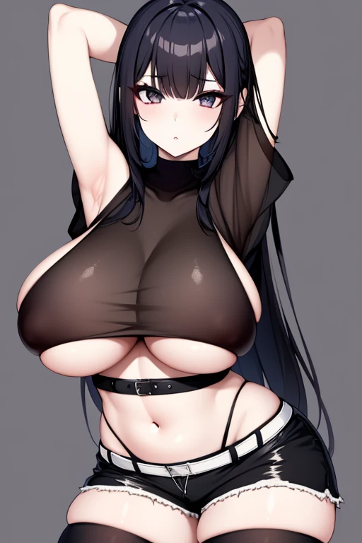 1 girl, goth girl, black hair, black eyes, black makeup, pale skin, booty shorts, crop top, huge breast, gigantic breast, overflowing breast, breast bigger than head, stretching clothes , wide hips