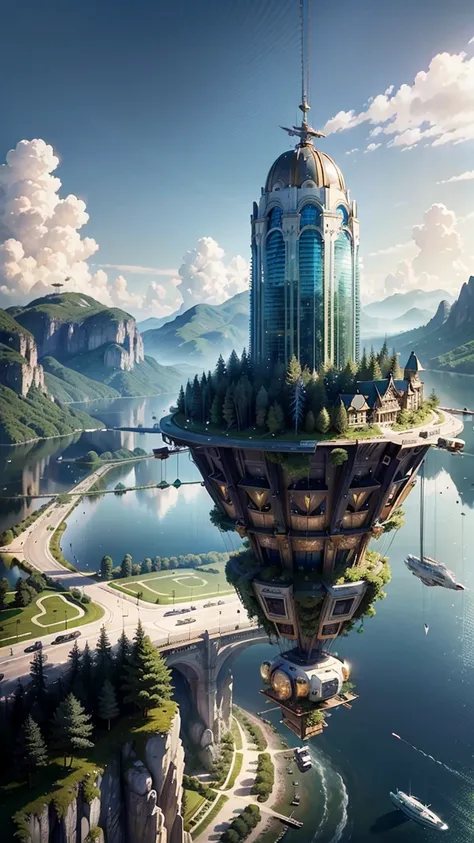 Masterpiece artwork，best qualityer，highest quallity，ultra detali，best resolution，8K，CG，illustration，realistically，aerial perspective，Surreal suspended technical building，Below is a leafy forest，Various vehicles that can be suspended，Micro flying machine