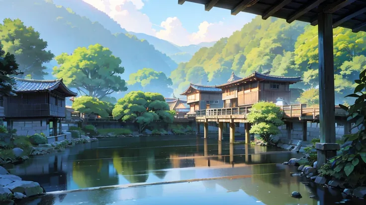 A highly detailed anime-inspired landscape view of a Japanese village adjoining a verdant community farm. The village features traditional tile-roofed buildings, wooden bridges, and lanterns lining the asphalt roads. The surroundings are filled with vibran...